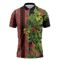 Maori Tukutuku Zipper Polo Shirt with Ferns Pohutukawa and Kowhai Tribal Moko Patterns