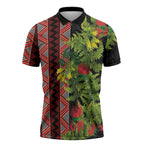 Maori Tukutuku Zipper Polo Shirt with Ferns Pohutukawa and Kowhai Tribal Moko Patterns
