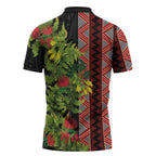 Maori Tukutuku Zipper Polo Shirt with Ferns Pohutukawa and Kowhai Tribal Moko Patterns