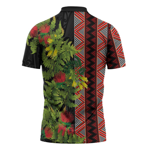 Maori Tukutuku Zipper Polo Shirt with Ferns Pohutukawa and Kowhai Tribal Moko Patterns