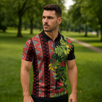 Maori Tukutuku Zipper Polo Shirt with Ferns Pohutukawa and Kowhai Tribal Moko Patterns