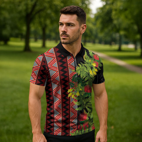 Maori Tukutuku Zipper Polo Shirt with Ferns Pohutukawa and Kowhai Tribal Moko Patterns