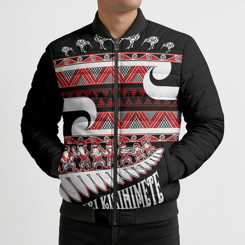 New Zealand Christmas Bomber Puffer Jacket Funny Santa Claus Haka Dance with Tukutuku