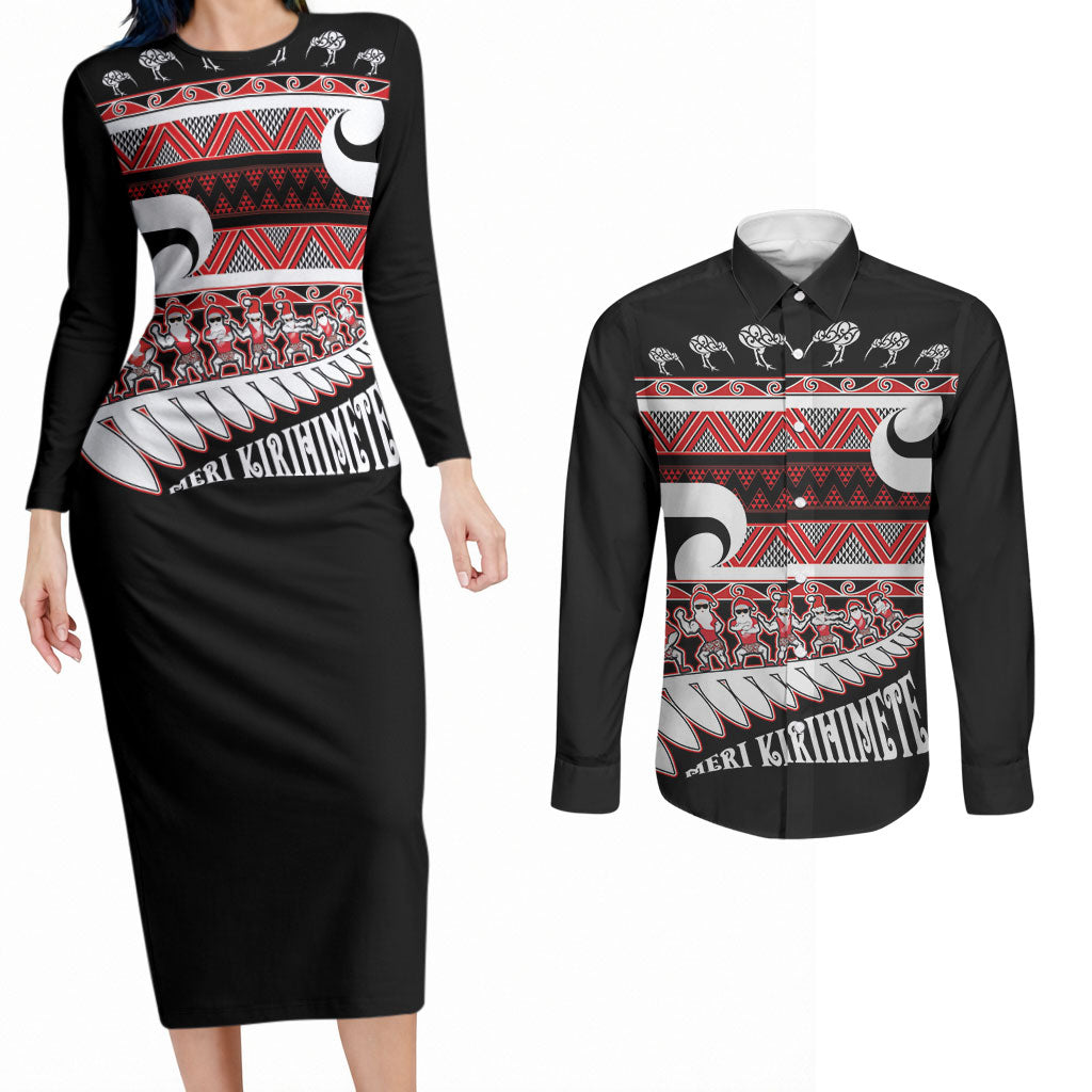 New Zealand Christmas Couples Matching Long Sleeve Bodycon Dress and Long Sleeve Button Shirt Funny Santa Claus Haka Dance with Tukutuku