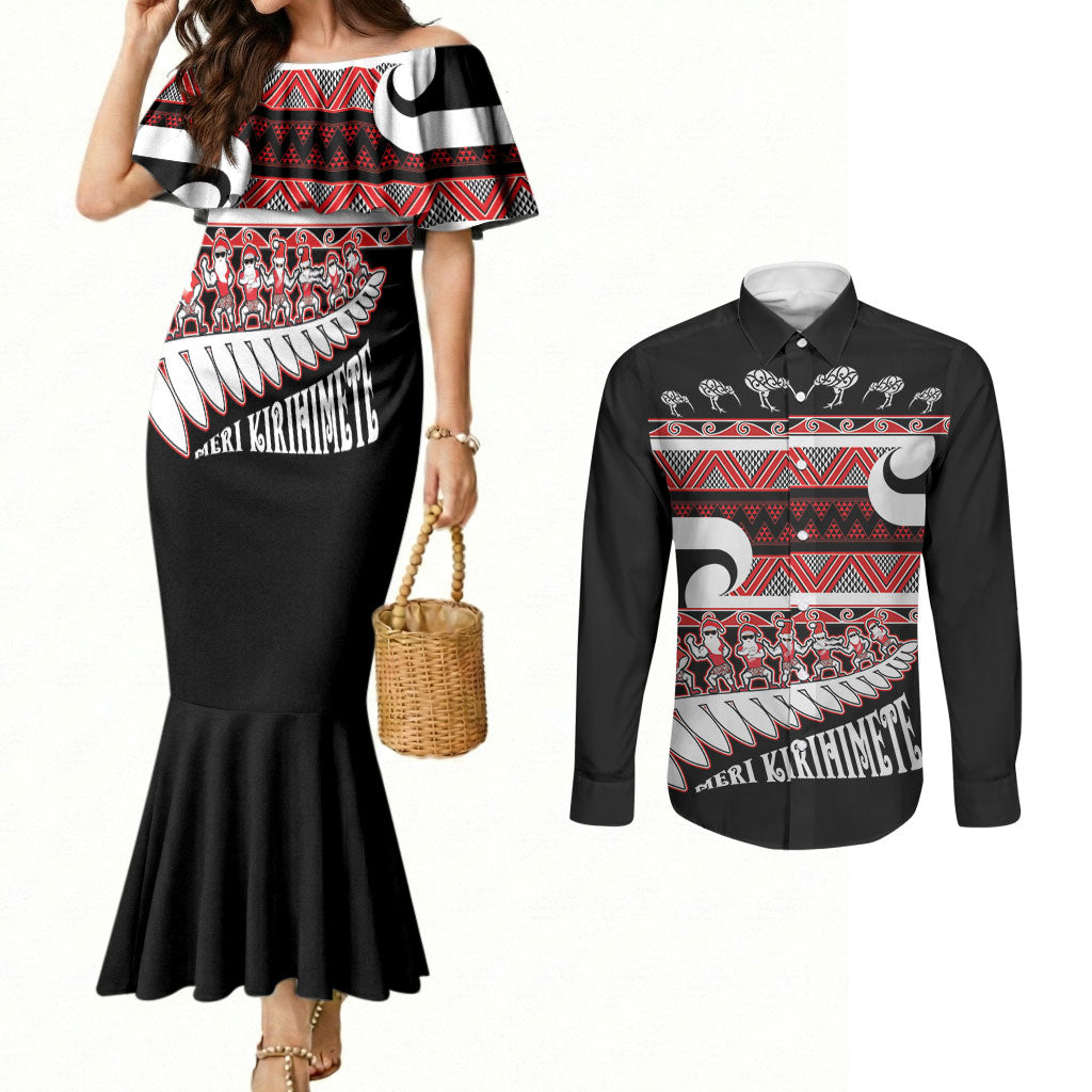 New Zealand Christmas Couples Matching Mermaid Dress and Long Sleeve Button Shirt Funny Santa Claus Haka Dance with Tukutuku