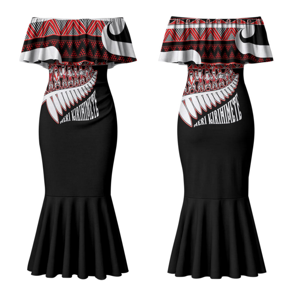 New Zealand Christmas Couples Matching Mermaid Dress and Long Sleeve Button Shirt Funny Santa Claus Haka Dance with Tukutuku