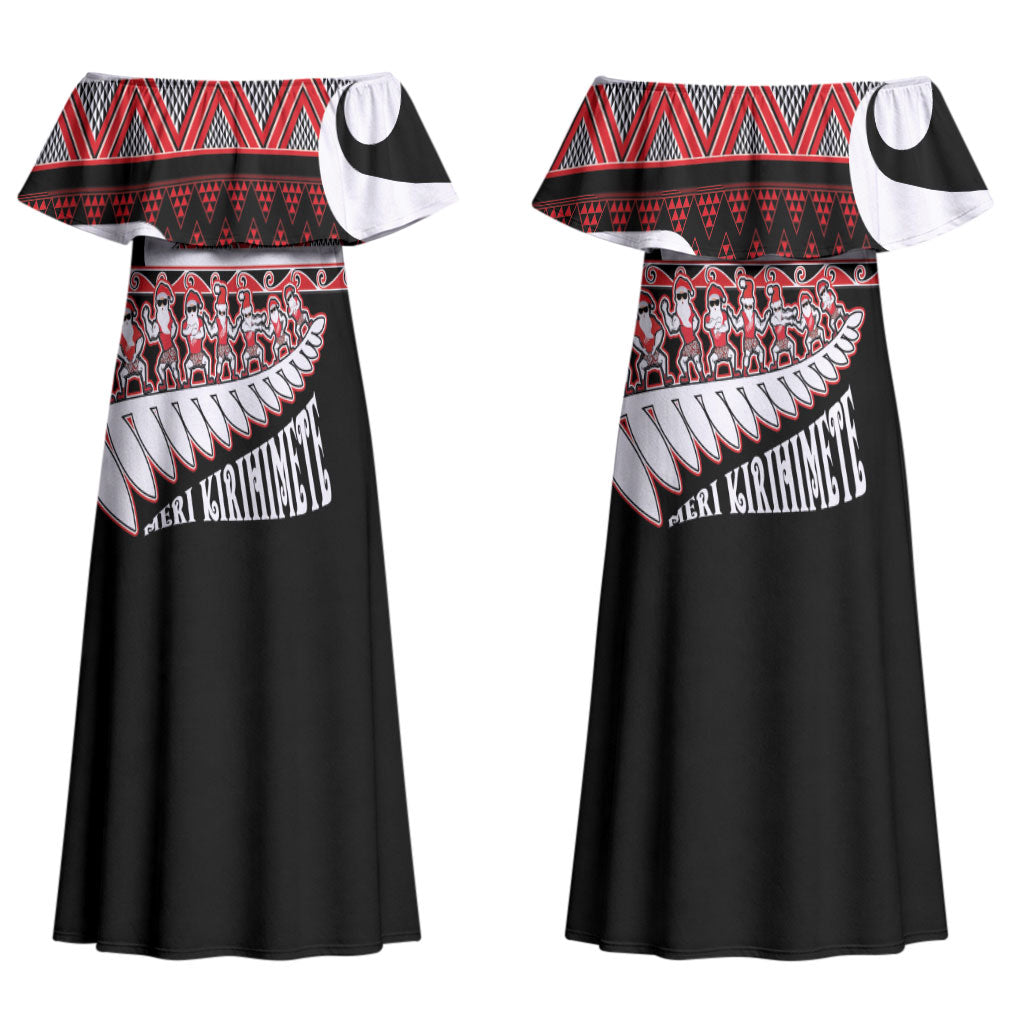 New Zealand Christmas Couples Matching Off Shoulder Maxi Dress and Hawaiian Shirt Funny Santa Claus Haka Dance with Tukutuku