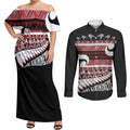 New Zealand Christmas Couples Matching Off Shoulder Maxi Dress and Long Sleeve Button Shirt Funny Santa Claus Haka Dance with Tukutuku
