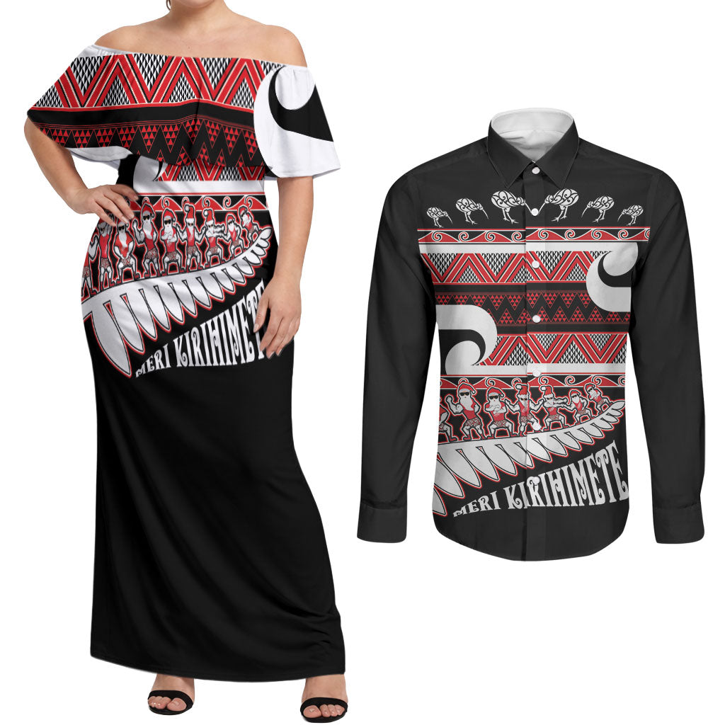 New Zealand Christmas Couples Matching Off Shoulder Maxi Dress and Long Sleeve Button Shirt Funny Santa Claus Haka Dance with Tukutuku