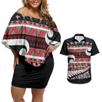 New Zealand Christmas Couples Matching Off Shoulder Short Dress and Hawaiian Shirt Funny Santa Claus Haka Dance with Tukutuku