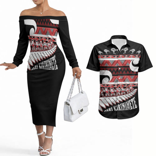 New Zealand Christmas Couples Matching Off The Shoulder Long Sleeve Dress and Hawaiian Shirt Funny Santa Claus Haka Dance with Tukutuku