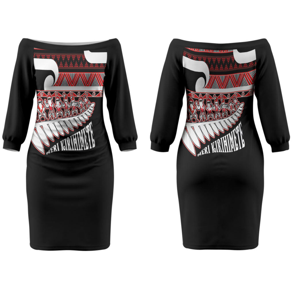 New Zealand Christmas Couples Matching Off The Shoulder Long Sleeve Dress and Long Sleeve Button Shirt Funny Santa Claus Haka Dance with Tukutuku
