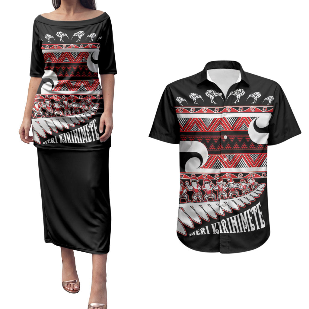 New Zealand Christmas Couples Matching Puletasi and Hawaiian Shirt Funny Santa Claus Haka Dance with Tukutuku