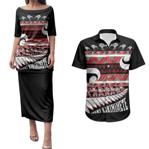 New Zealand Christmas Couples Matching Puletasi and Hawaiian Shirt Funny Santa Claus Haka Dance with Tukutuku