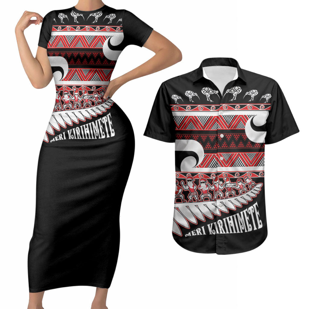 New Zealand Christmas Couples Matching Short Sleeve Bodycon Dress and Hawaiian Shirt Funny Santa Claus Haka Dance with Tukutuku