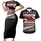 New Zealand Christmas Couples Matching Short Sleeve Bodycon Dress and Hawaiian Shirt Funny Santa Claus Haka Dance with Tukutuku