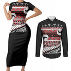New Zealand Christmas Couples Matching Short Sleeve Bodycon Dress and Long Sleeve Button Shirt Funny Santa Claus Haka Dance with Tukutuku