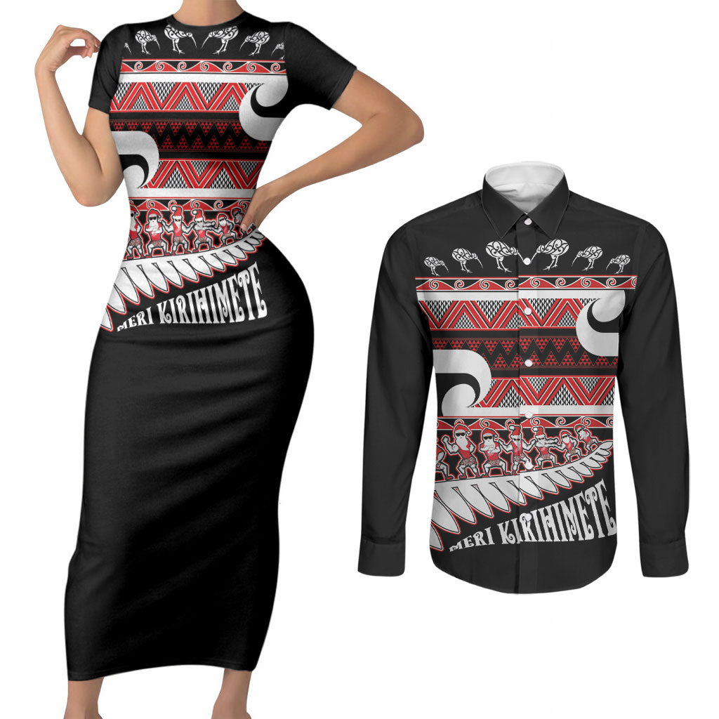New Zealand Christmas Couples Matching Short Sleeve Bodycon Dress and Long Sleeve Button Shirt Funny Santa Claus Haka Dance with Tukutuku