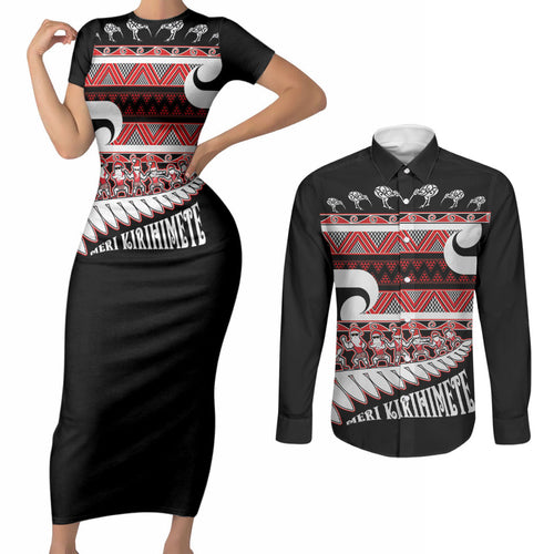 New Zealand Christmas Couples Matching Short Sleeve Bodycon Dress and Long Sleeve Button Shirt Funny Santa Claus Haka Dance with Tukutuku