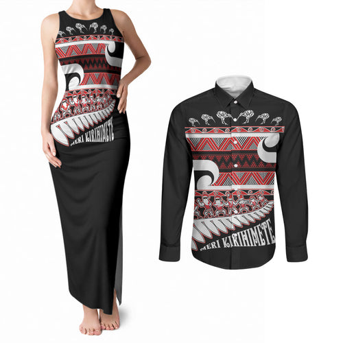 New Zealand Christmas Couples Matching Tank Maxi Dress and Long Sleeve Button Shirt Funny Santa Claus Haka Dance with Tukutuku