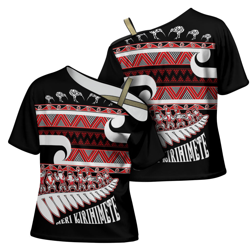New Zealand Christmas Cross Shoulder Shirt Funny Santa Claus Haka Dance with Tukutuku