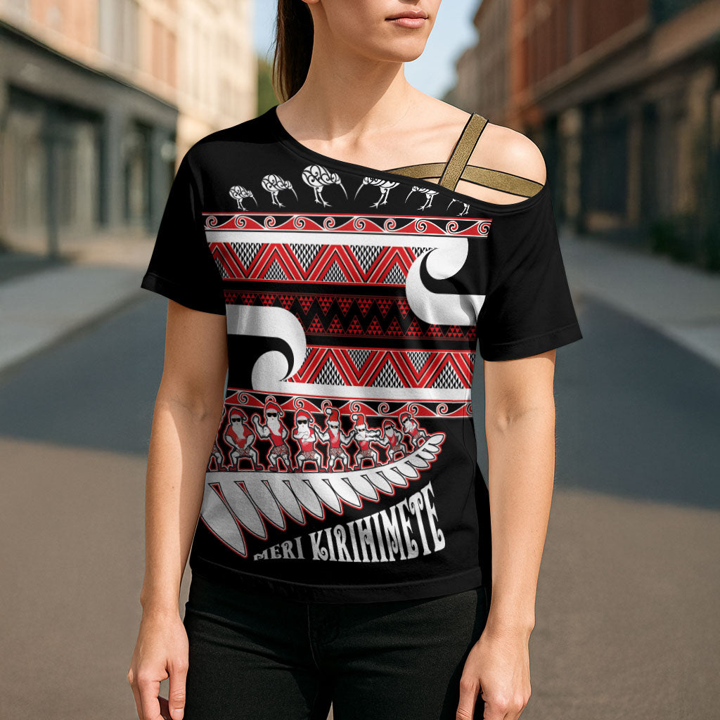 New Zealand Christmas Cross Shoulder Shirt Funny Santa Claus Haka Dance with Tukutuku