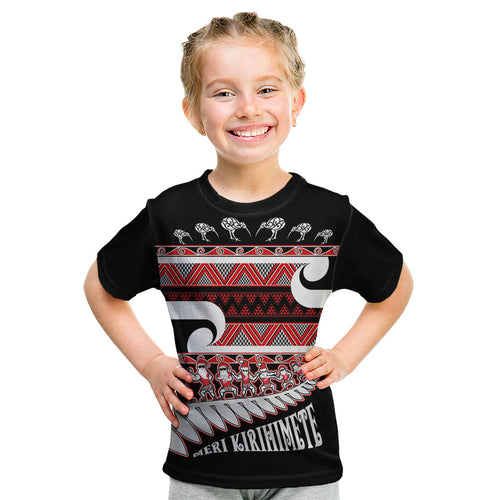 New Zealand Christmas Kid T Shirt Funny Santa Claus Haka Dance with Tukutuku