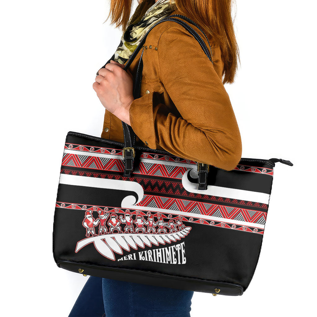 New Zealand Christmas Leather Tote Bag Funny Santa Claus Haka Dance with Tukutuku