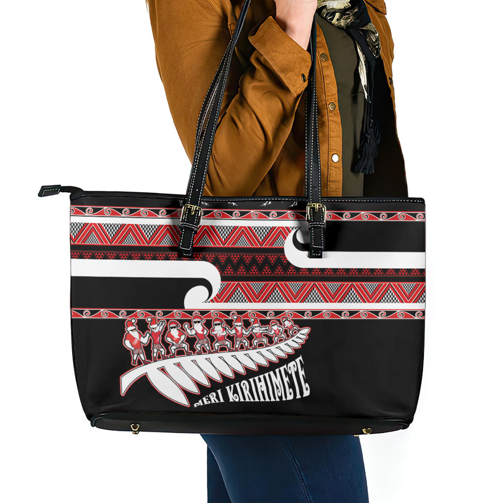New Zealand Christmas Leather Tote Bag Funny Santa Claus Haka Dance with Tukutuku