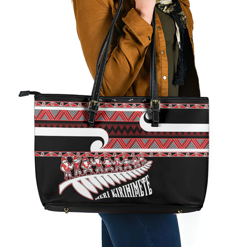 New Zealand Christmas Leather Tote Bag Funny Santa Claus Haka Dance with Tukutuku