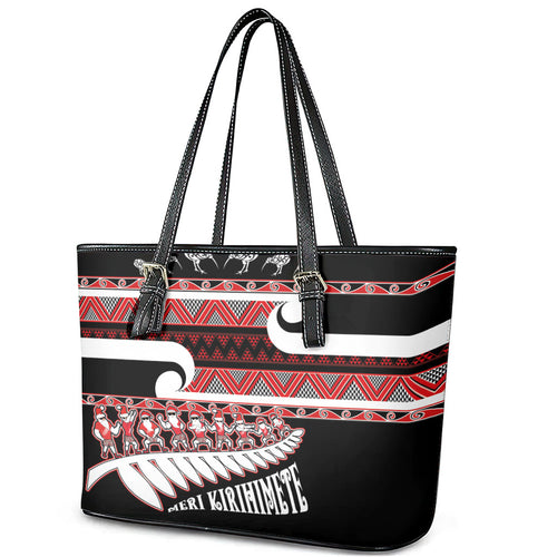 New Zealand Christmas Leather Tote Bag Funny Santa Claus Haka Dance with Tukutuku