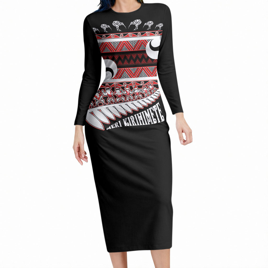 New Zealand Christmas Long Sleeve Bodycon Dress Funny Santa Claus Haka Dance with Tukutuku