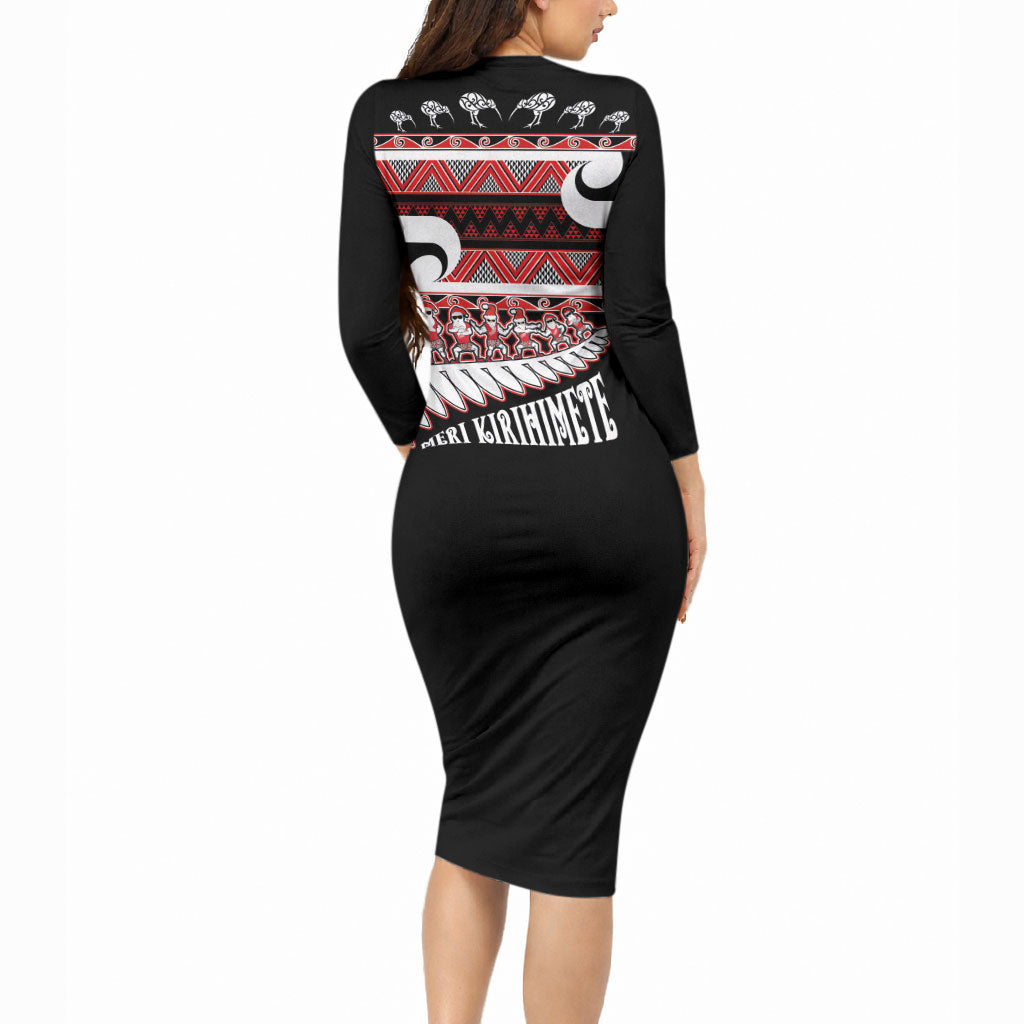 New Zealand Christmas Long Sleeve Bodycon Dress Funny Santa Claus Haka Dance with Tukutuku
