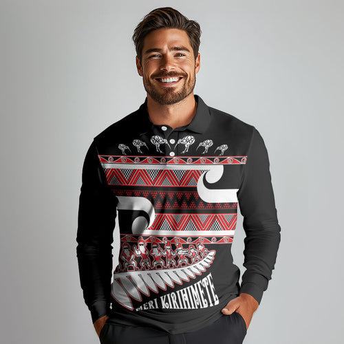 New Zealand Christmas Long Sleeve Polo Shirt Funny Santa Claus Haka Dance with Tukutuku