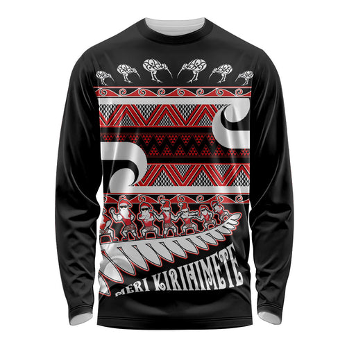 New Zealand Christmas Long Sleeve Shirt Funny Santa Claus Haka Dance with Tukutuku