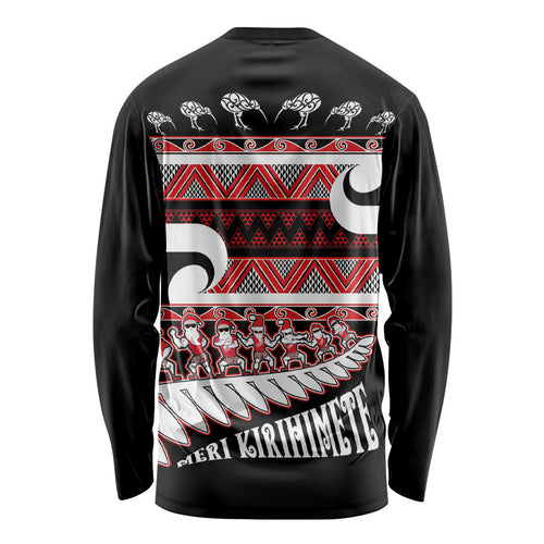 New Zealand Christmas Long Sleeve Shirt Funny Santa Claus Haka Dance with Tukutuku