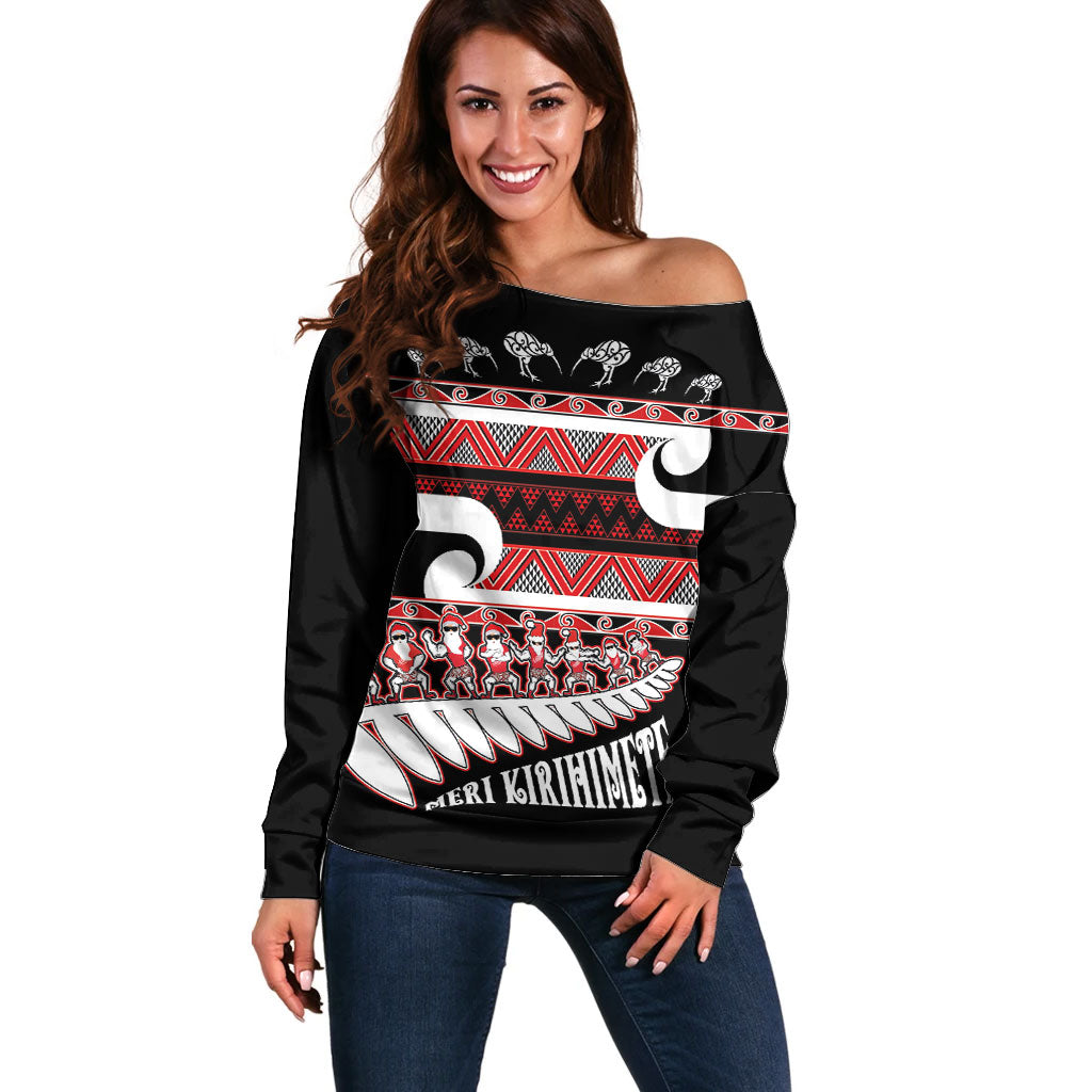 New Zealand Christmas Off Shoulder Sweater Funny Santa Claus Haka Dance with Tukutuku