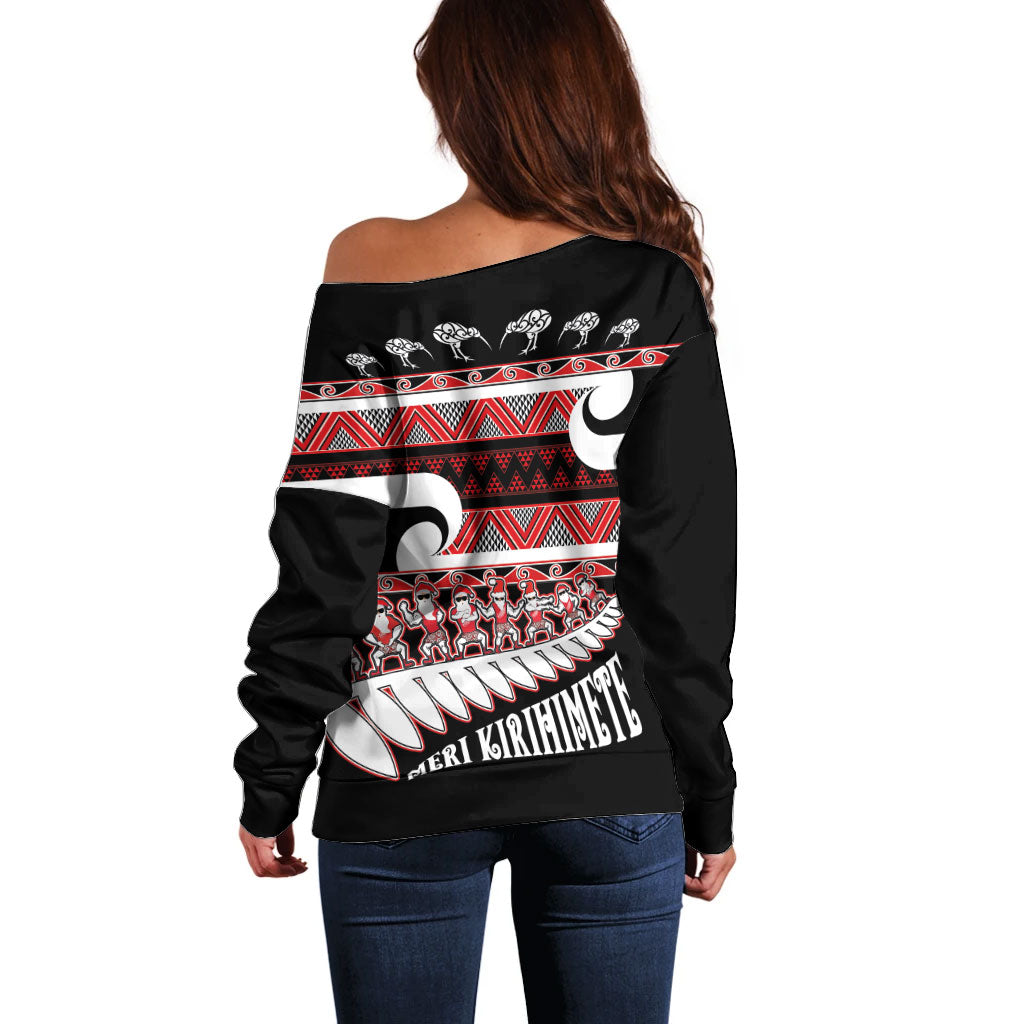 New Zealand Christmas Off Shoulder Sweater Funny Santa Claus Haka Dance with Tukutuku
