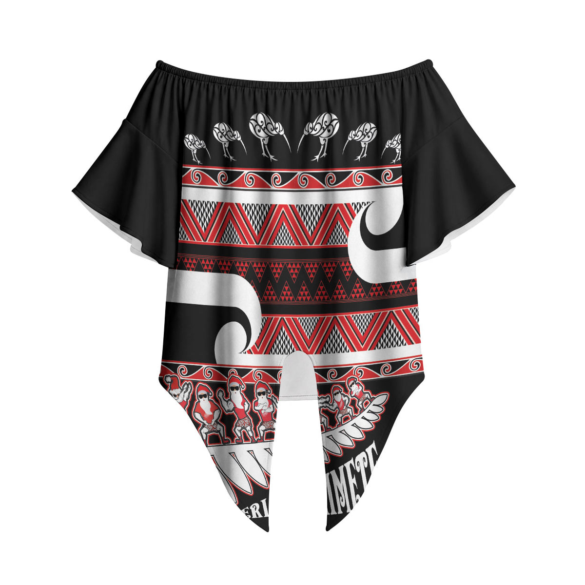 New Zealand Christmas Off Shoulder Wrap Waist Top Funny Santa Claus Haka Dance with Tukutuku