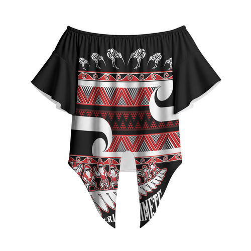 New Zealand Christmas Off Shoulder Wrap Waist Top Funny Santa Claus Haka Dance with Tukutuku