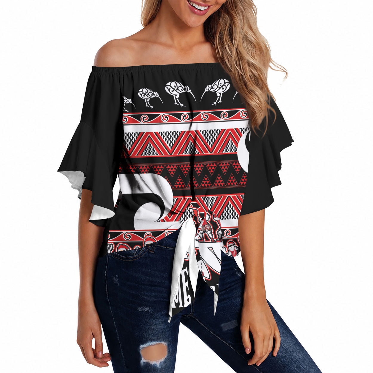 New Zealand Christmas Off Shoulder Wrap Waist Top Funny Santa Claus Haka Dance with Tukutuku