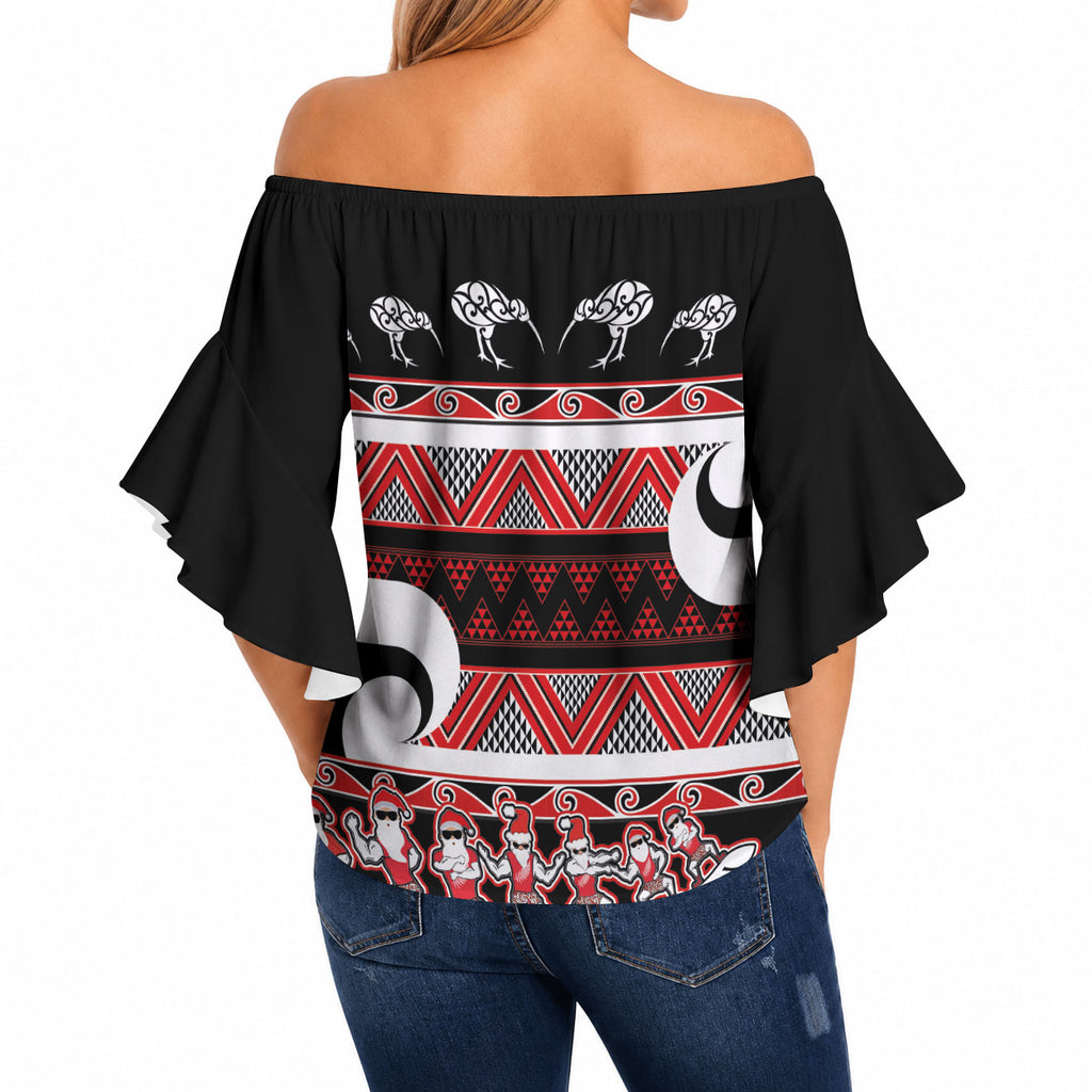 New Zealand Christmas Off Shoulder Wrap Waist Top Funny Santa Claus Haka Dance with Tukutuku
