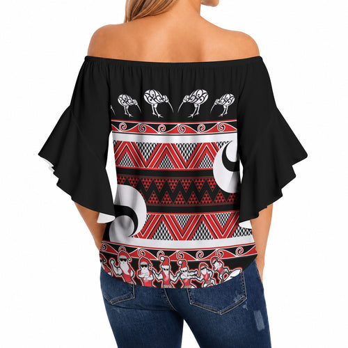 New Zealand Christmas Off Shoulder Wrap Waist Top Funny Santa Claus Haka Dance with Tukutuku