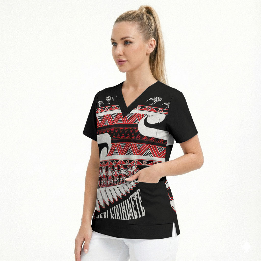 New Zealand Christmas Scrub Top Funny Santa Claus Haka Dance with Tukutuku