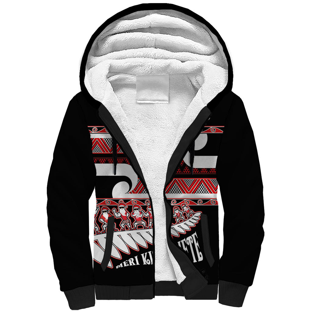 New Zealand Christmas Sherpa Hoodie Funny Santa Claus Haka Dance with Tukutuku
