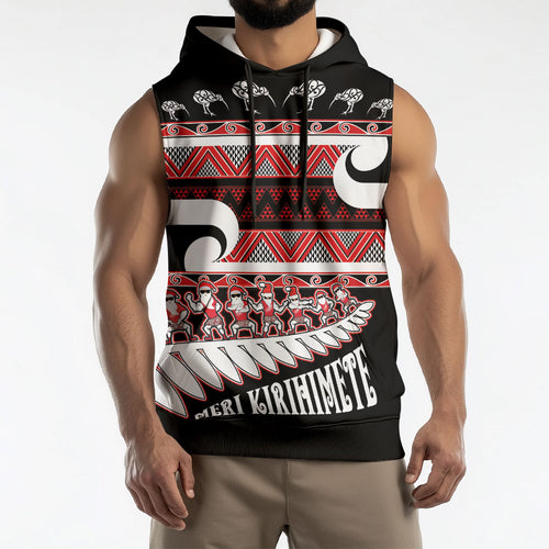 New Zealand Christmas Sleeveless Hoodie Funny Santa Claus Haka Dance with Tukutuku