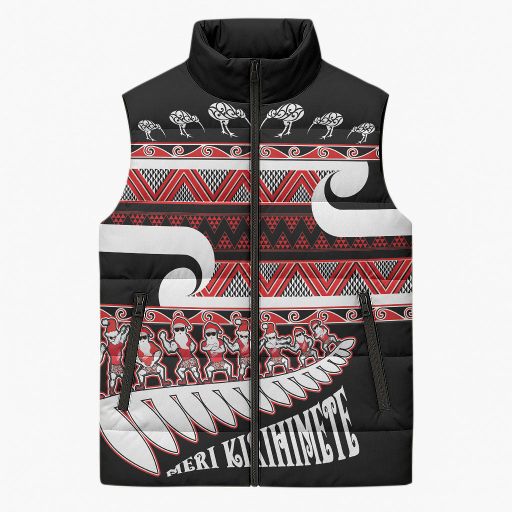 New Zealand Christmas Sleeveless Puffer Jacket Funny Santa Claus Haka Dance with Tukutuku