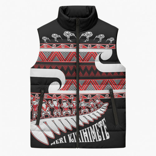 New Zealand Christmas Sleeveless Puffer Jacket Funny Santa Claus Haka Dance with Tukutuku