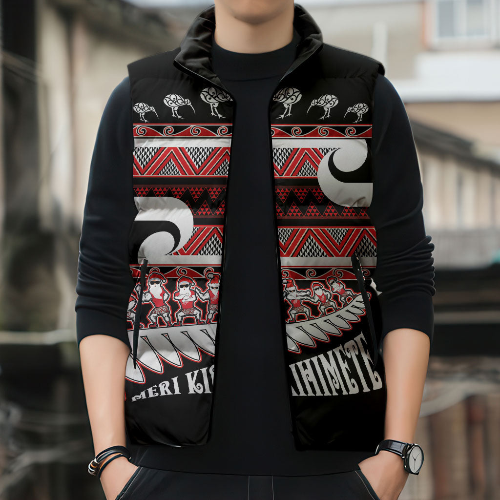 New Zealand Christmas Sleeveless Puffer Jacket Funny Santa Claus Haka Dance with Tukutuku
