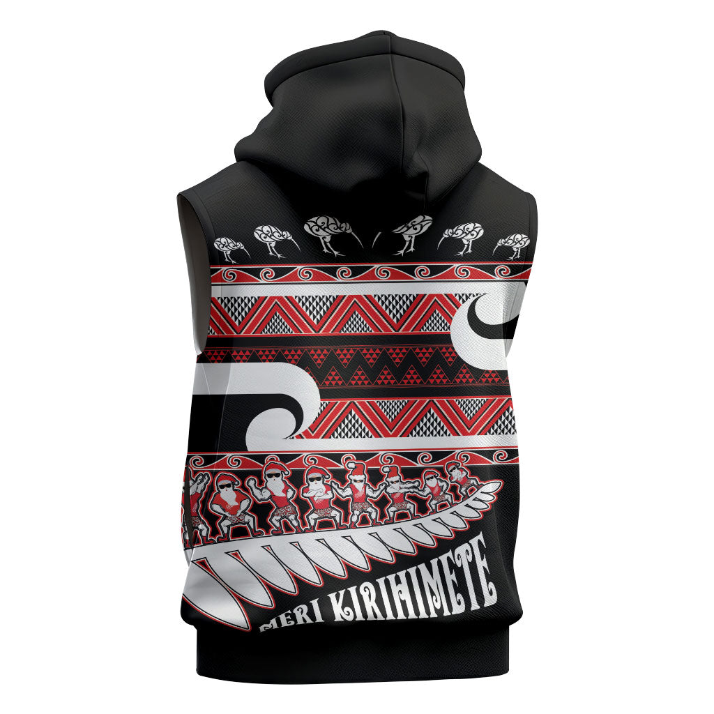New Zealand Christmas Sleeveless Zip Hoodie Funny Santa Claus Haka Dance with Tukutuku